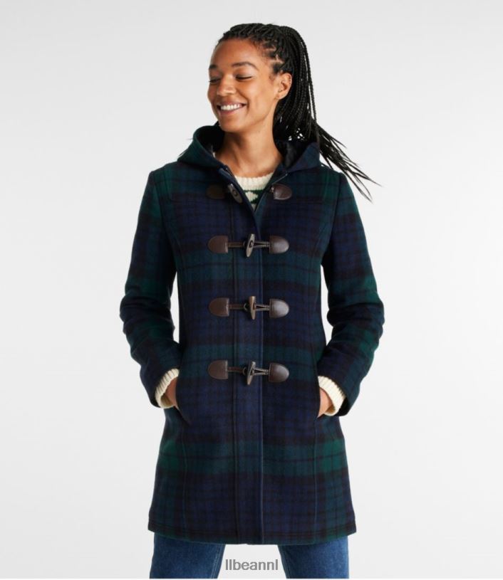 L.L.Bean vrouwen klassieke duffelcoat van lamswol zwarte horloge-tartan bovenkleding VT064928 - Image 2