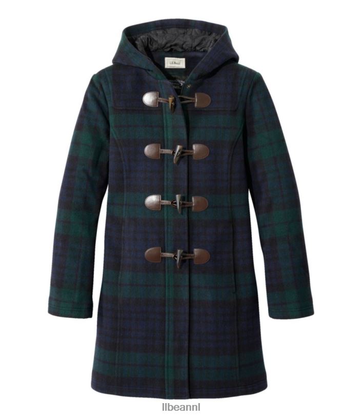 L.L.Bean vrouwen klassieke duffelcoat van lamswol zwarte horloge-tartan bovenkleding VT064928 - Image 1