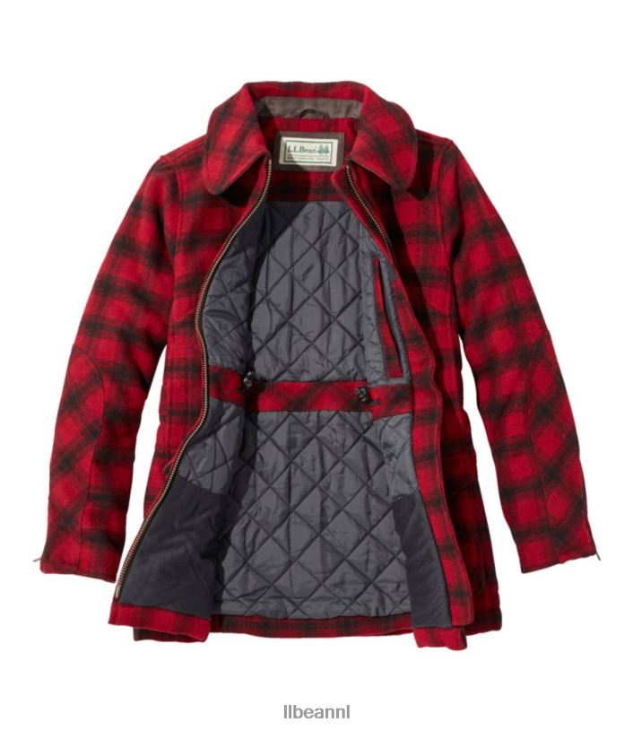 L.L.Bean vrouwen Maine gids wollen parka rood/zwarte plaid bovenkleding VT064940 - Image 4