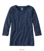 L.L.Bean vrouwen Pima katoenen T-shirt met juwelenhals klassieke marineblauwe ditsy bloemen kleding VT0644723