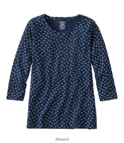 L.L.Bean vrouwen Pima katoenen T-shirt met juwelenhals klassieke marineblauwe ditsy bloemen kleding VT0644723