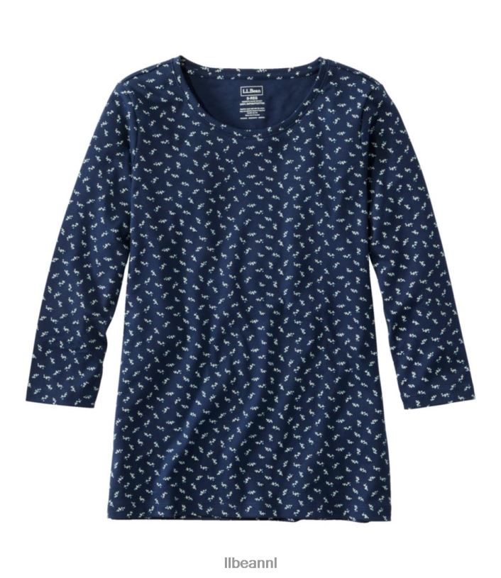 L.L.Bean vrouwen Pima katoenen T-shirt met juwelenhals klassieke marineblauwe ditsy bloemen kleding VT0644723 - Image 1