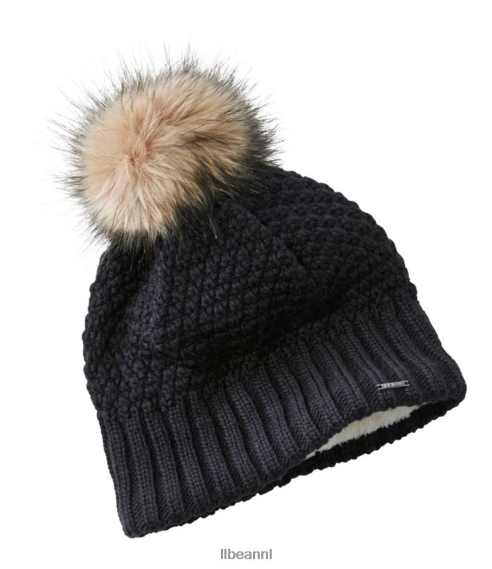 L.L.Bean vrouwen slechte, gezellige gebreide pomponmuts zwart accessoires VT064793 - Image 1