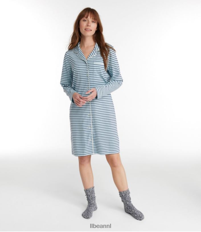 L.L.Bean vrouwen superzacht, krimpvrij nachthemd met knoopsluiting Sterling blauw/donker indigo streep kleding VT064127 - Image 2