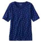 L.L.Bean vrouwen T-shirt met juwelenhals alpine blauwe medaillon stip kleding VT06485